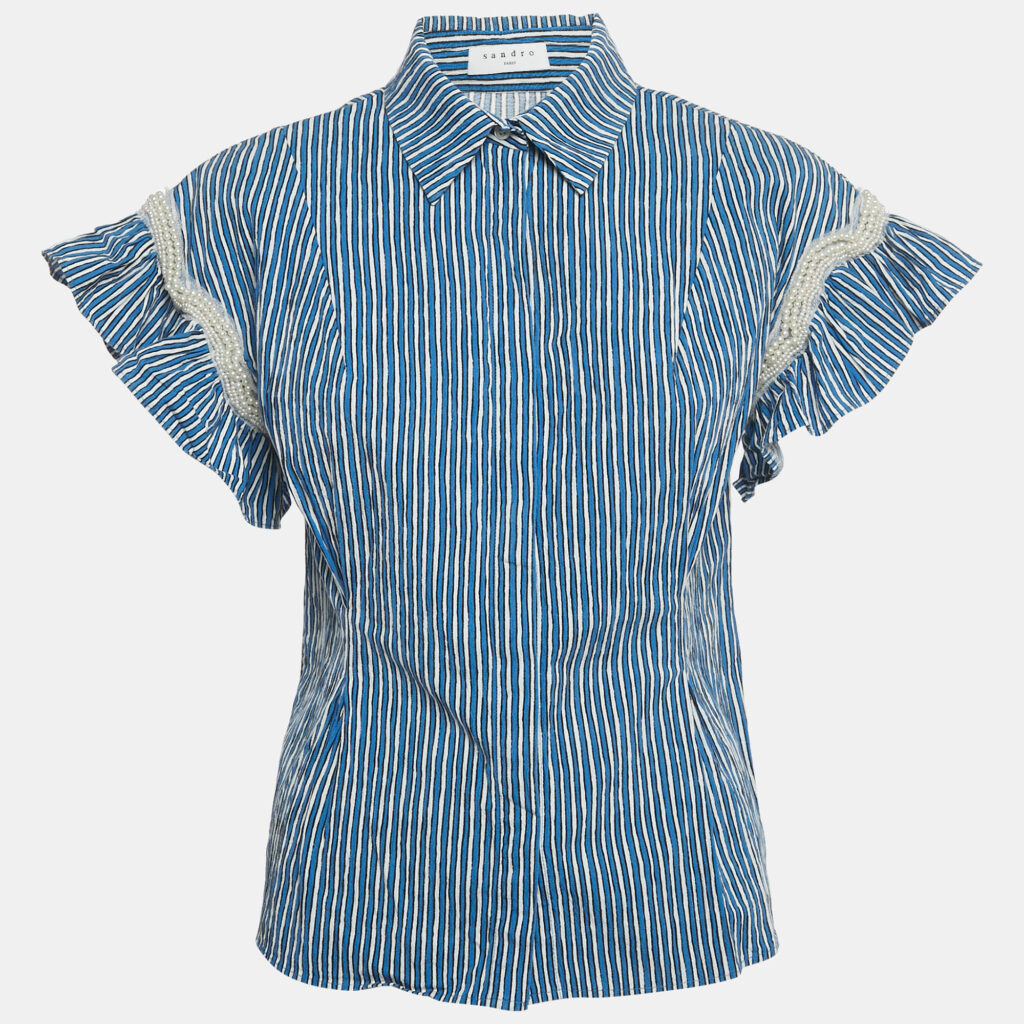 Sandro Blue/ White Striped Embellished Trim Cotton Erine Shirt M Sandro Blue/ White Striped Embellished Trim Cotton Erine Shirt M