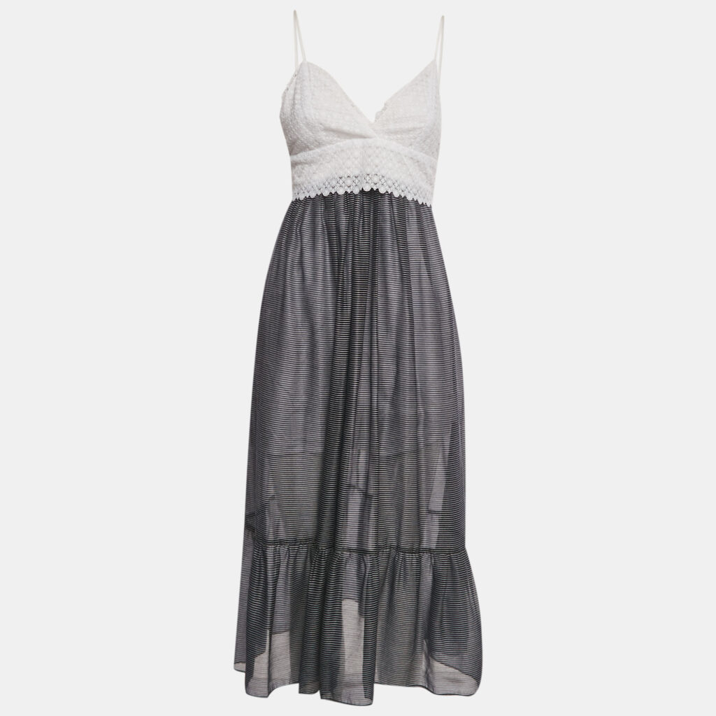 Sandro White /Navy Blue Striped Lace & Crepe Midi Dress M Sandro White /Navy Blue Striped Lace & Crepe Midi Dress M