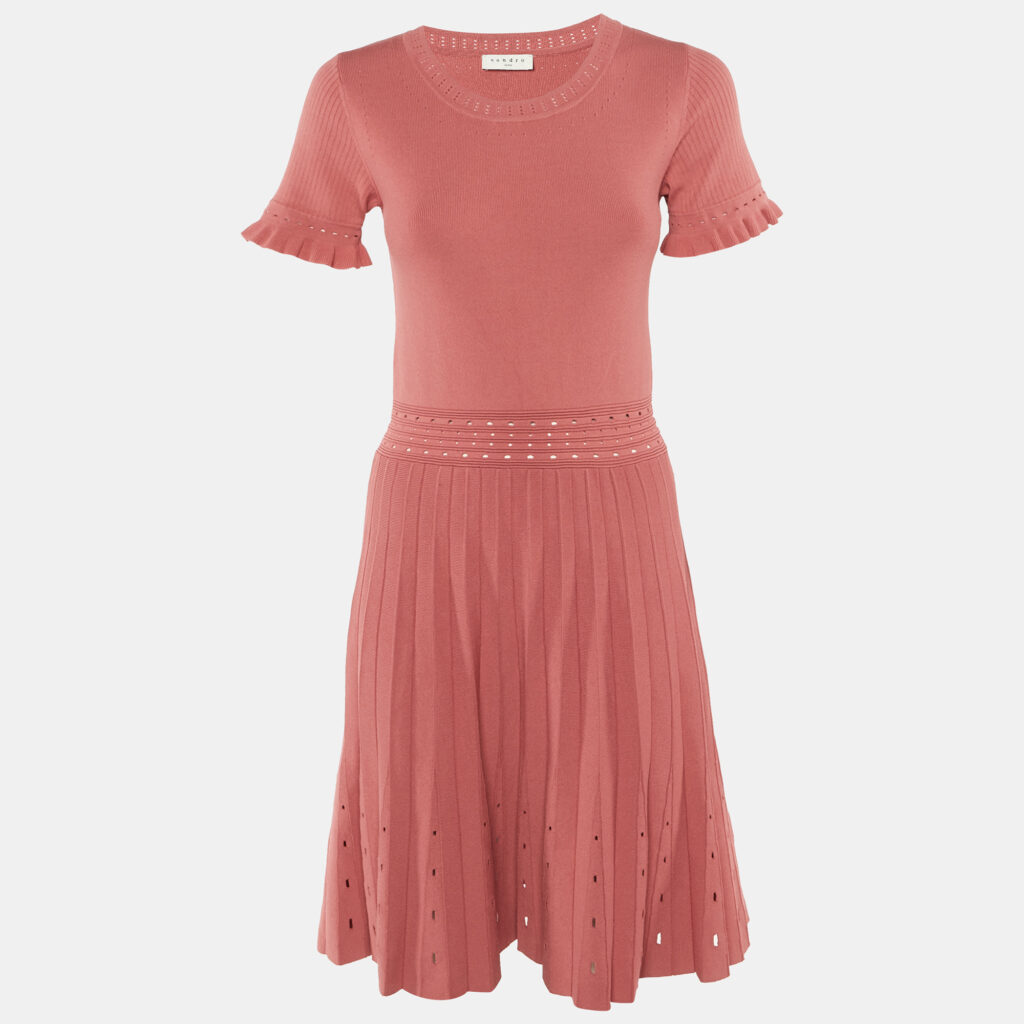 Sandro Pink Knit Eyelet Detail Etor Pleated Dress M Sandro Pink Knit Eyelet Detail Etor Pleated Dress M