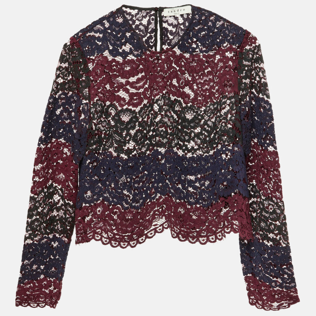 Sandro Maroon Floral Lace Scalloped Crop Top M
