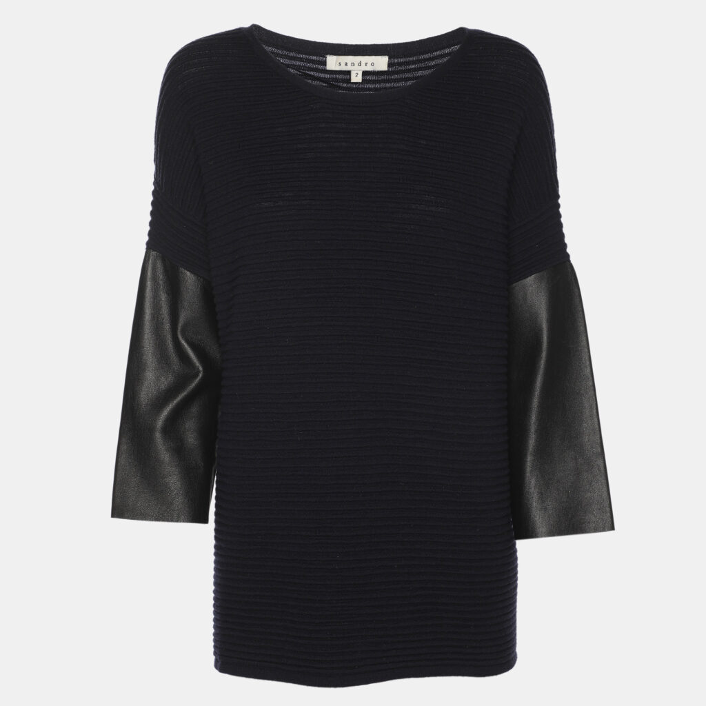 Sandro Navy Blue/Black Rib Knit and Leather Tops S