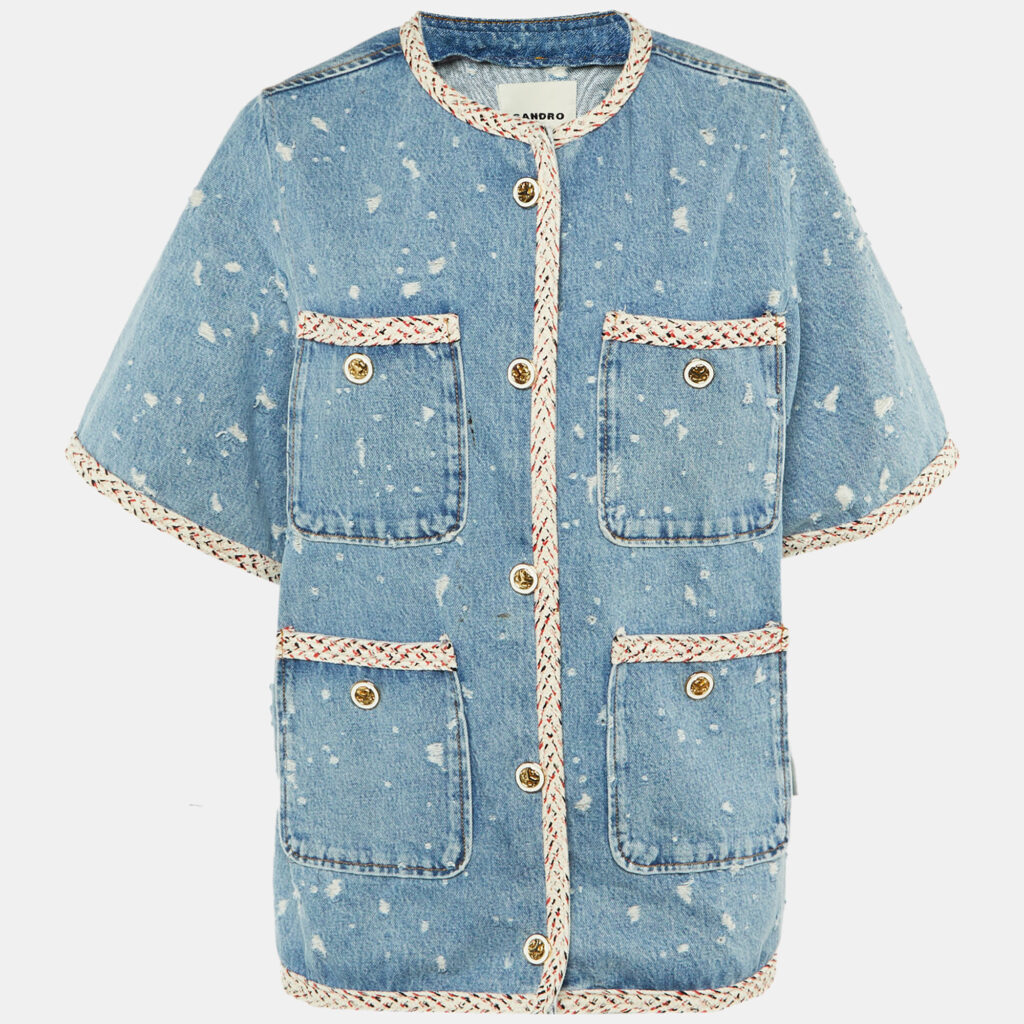Sandro Blue Distressed Denim Braid Trim Jacket XL Sandro Blue Distressed Denim Braid Trim Jacket XL