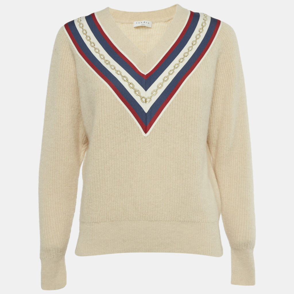 Sandro Beige Applique Rib Knit V-Neck Sweater S