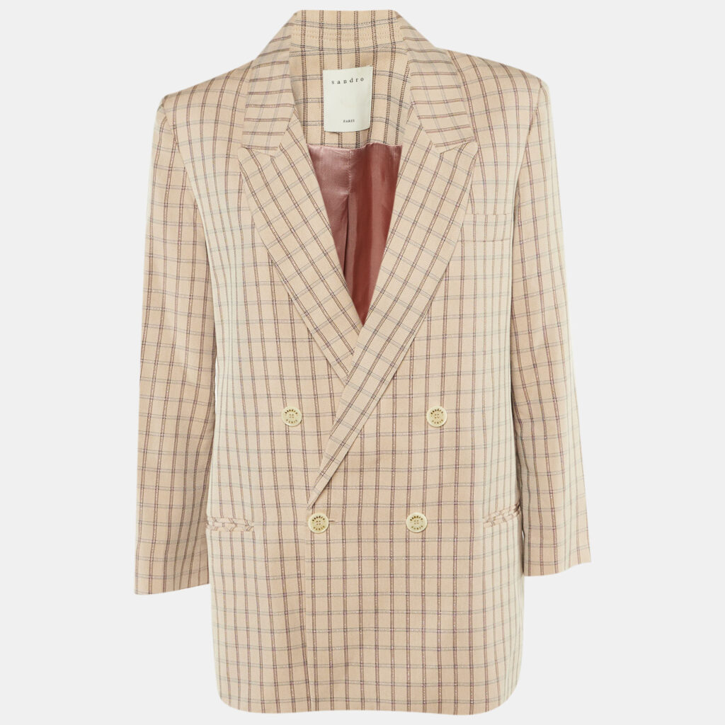 luxury-women-sandro-used-clothes-p1244670-003.jpg Sandro Beige Checkered Print Lurex Crepe Danube Blazer L