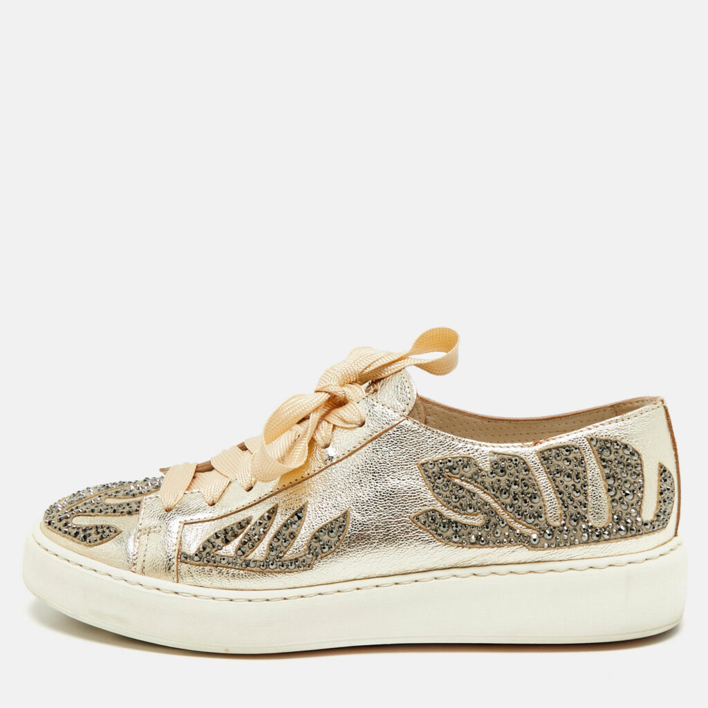 Santoni Gold Leather Crystal Embellished Lace Up Sneakers Size 39 Santoni Gold Leather Crystal Embellished Lace Up Sneakers Size 39