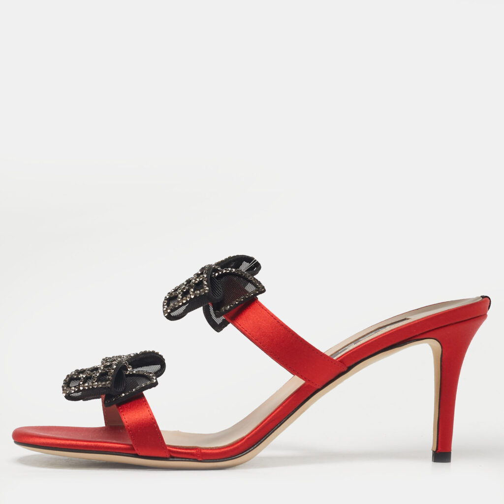 SJP Sarah Jessica Parker Red Satin Crystal Embellished Bow Slide Sandals Size 38.5