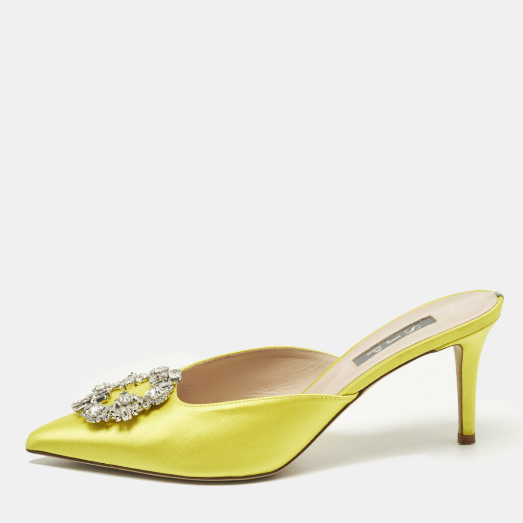 SJP Sarah Jessica Parker Size 38.5 Yellow Satin Crystal Embellished Mules