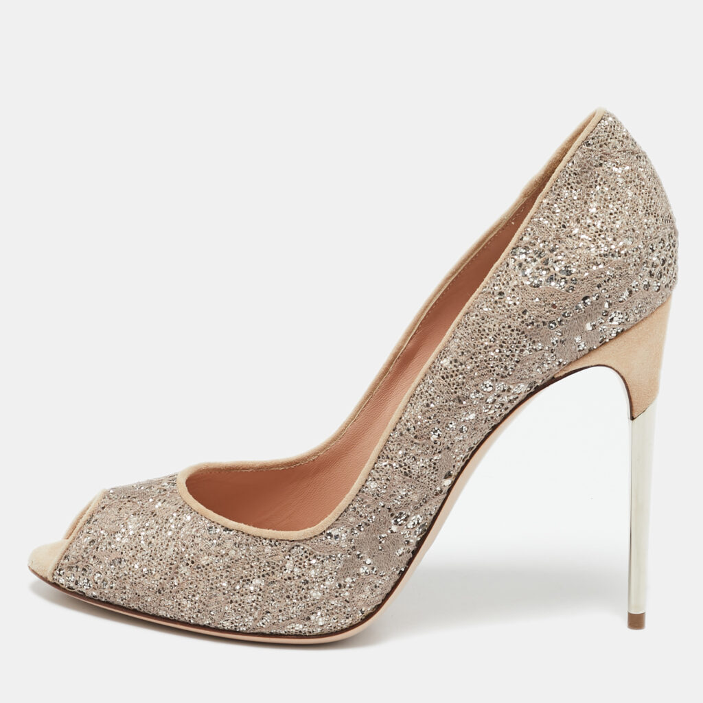 Sebastian Beige/Silver Lace and Glitter Peep Toe Pumps Size 40.5 Sebastian Beige/Silver Lace and Glitter Peep Toe Pumps Size 40.5