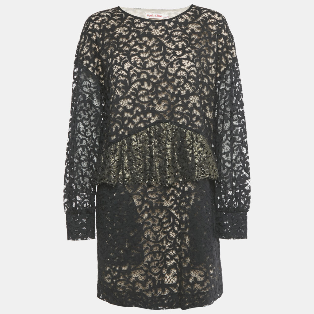 See by Chloé Black Lace Frilled Short Dress M See by Chloé Black Lace Frilled Short Dress M