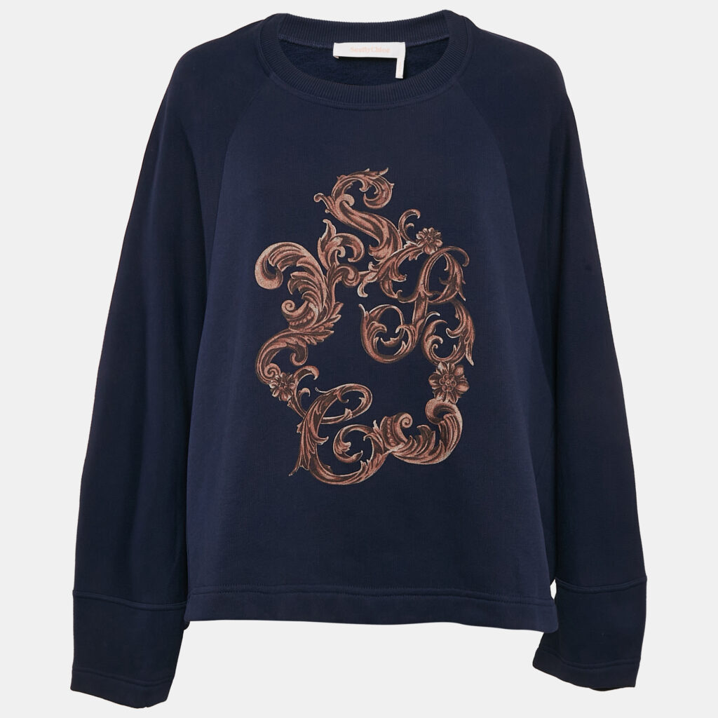 See by Chloe Blue Printed Cotton Knit Stormy Night Sweatshirt L See by Chloe Blue Printed Cotton Knit Stormy Night Sweatshirt L