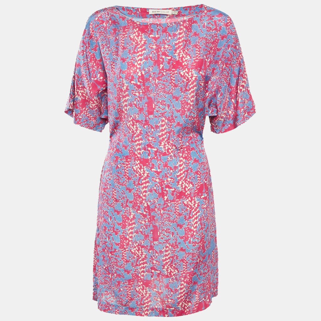 See By Chloe Pink/Blue Printed Silk Mini Dress M