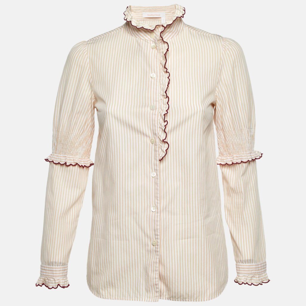 See by Chloe Beige Striped Cotton Ruffled Trim Shirt S