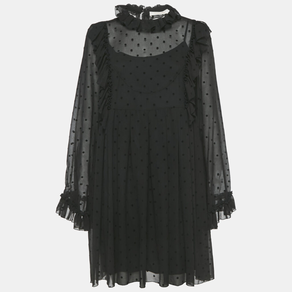 See by Chloe Black Flocked Chiffon Ruffled Mini Dress M See by Chloe Black Flocked Chiffon Ruffled Mini Dress M