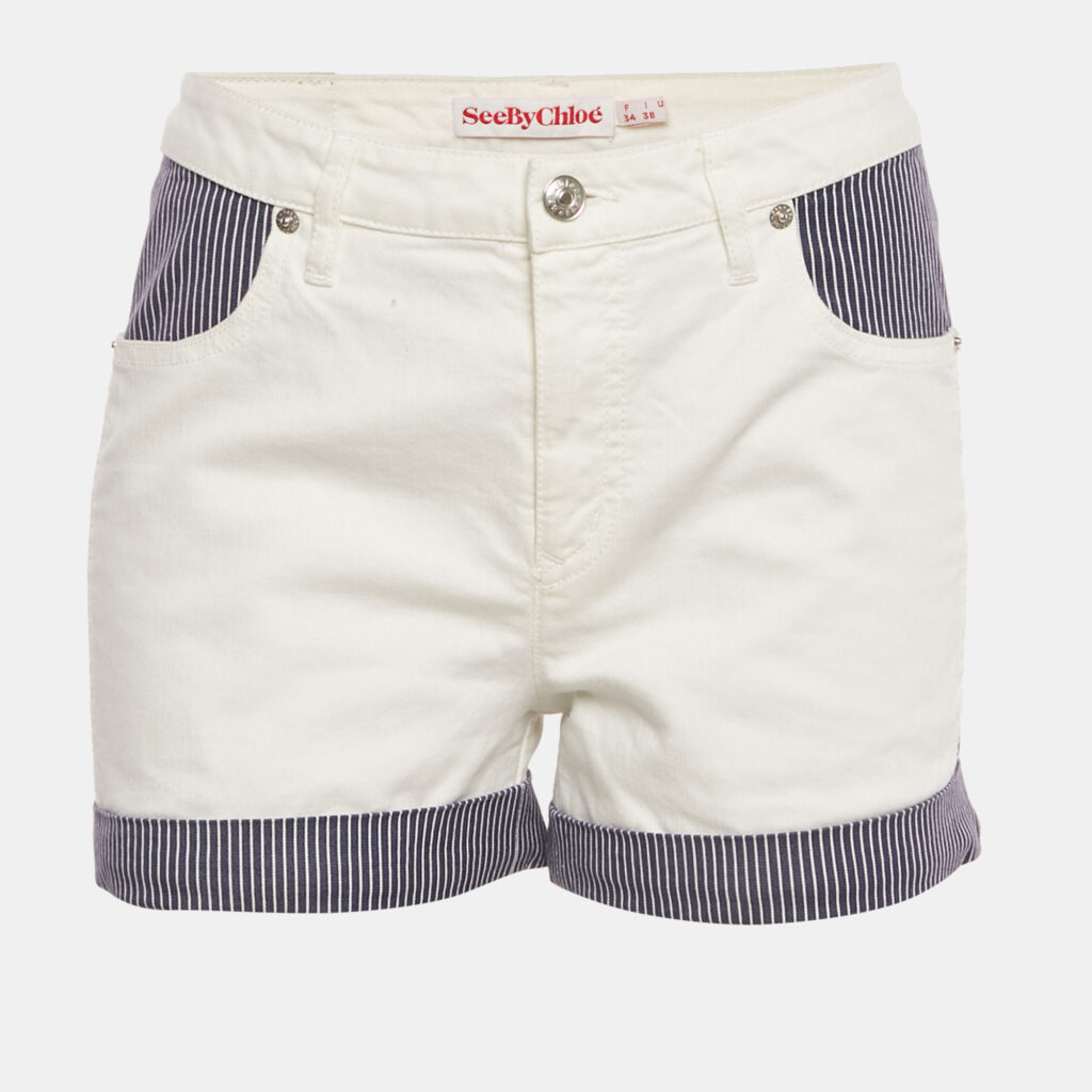 See by Chloe White Cotton Contrast Panel Detail Shorts S See by Chloe White Cotton Contrast Panel Detail Shorts S