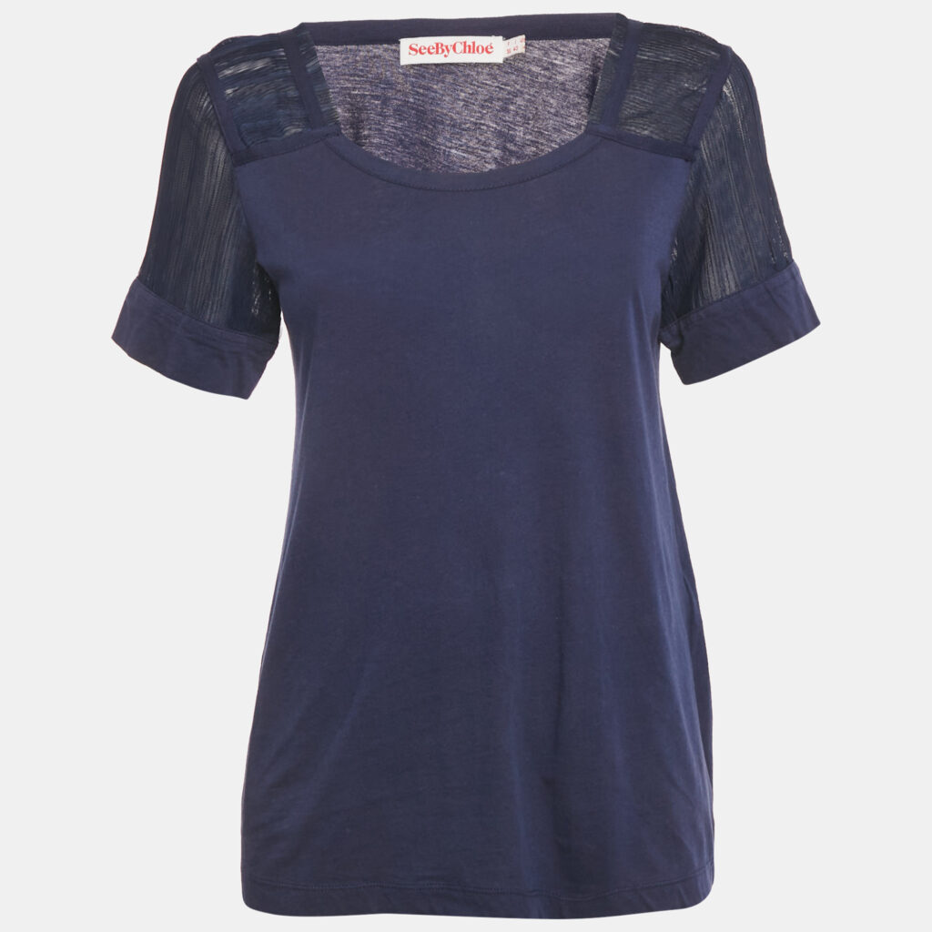 See by Chloe Blue Jersey Tulle Trim Top S See by Chloe Blue Jersey Tulle Trim Top S