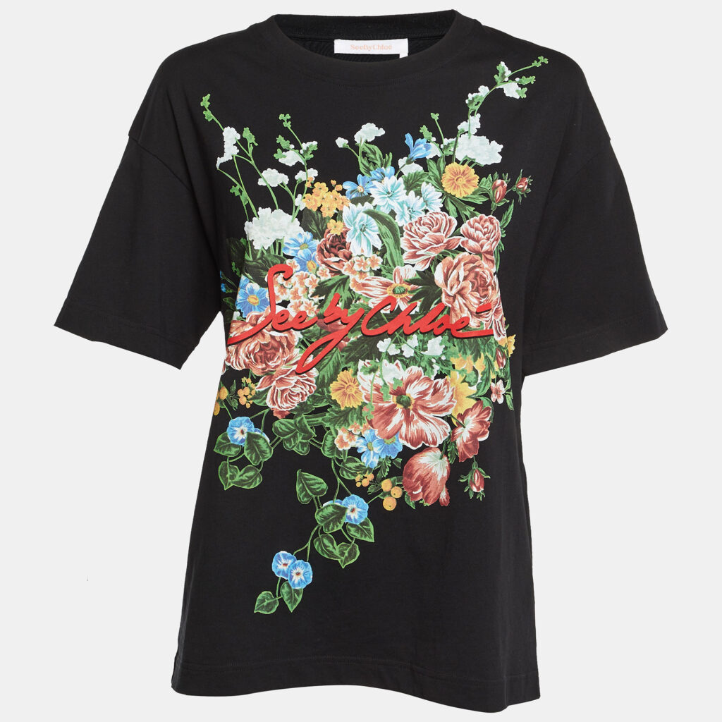See by Chloe Black Floral Print Cotton Crew Neck T-Shirt S See by Chloe Black Floral Print Cotton Crew Neck T-Shirt S