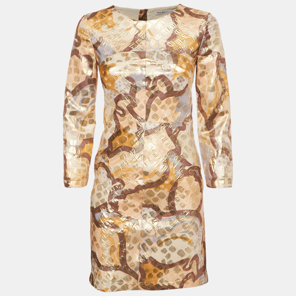 See by Chloe Jacquard Gold Full Sleeve Mini Dress S See by Chloe Jacquard Gold Full Sleeve Mini Dress S