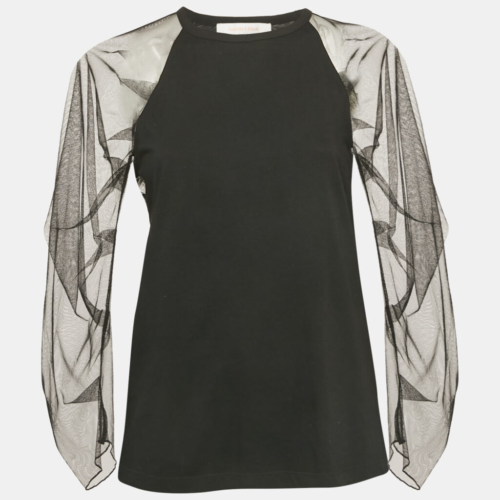 luxury-women-see-by-chloe-used-clothes-p1244422-004-1.jpg See by Chloe Black Tulle Sleeve Jersey Top M