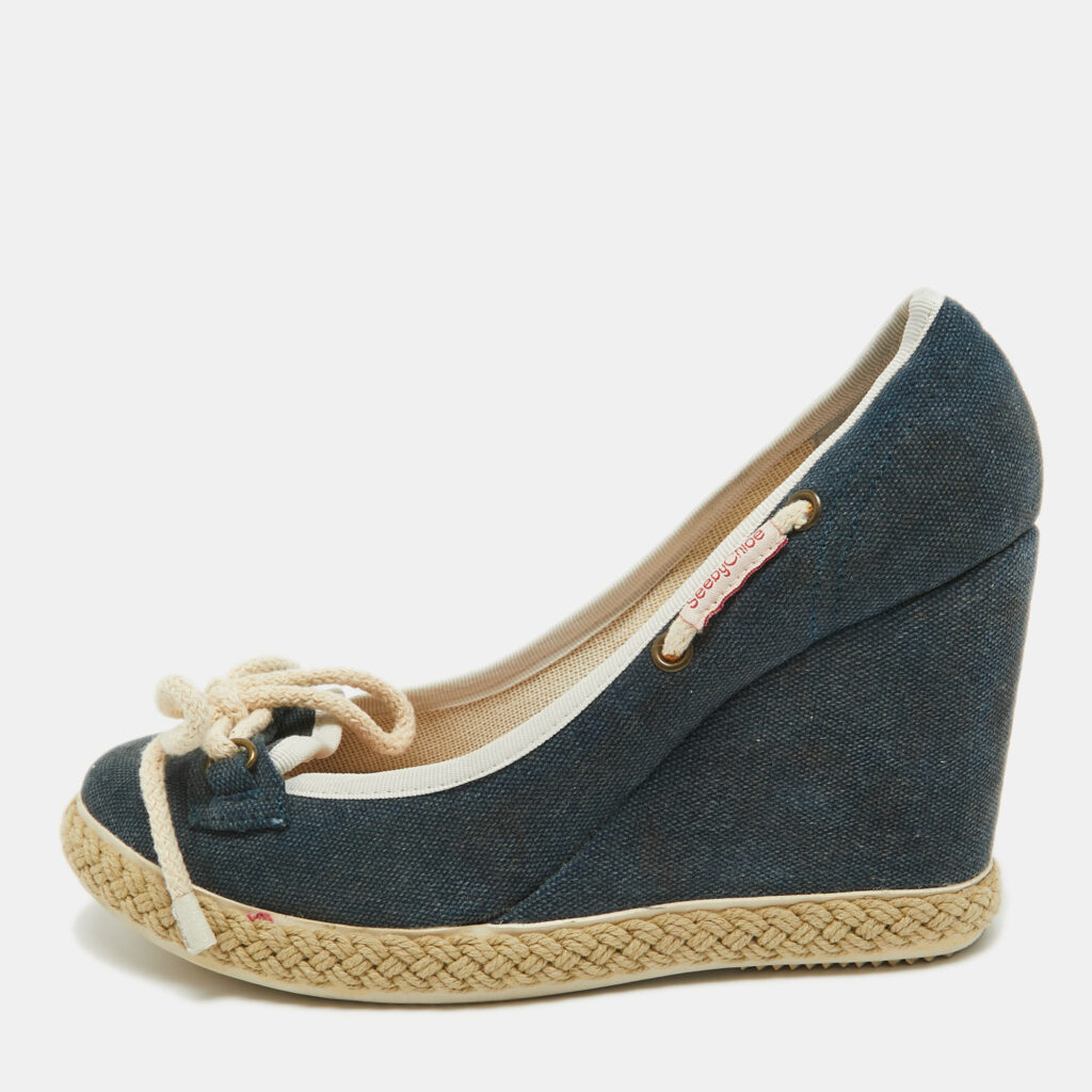 See by Chloe Navy Blue Denim Wedge Pumps Size 38