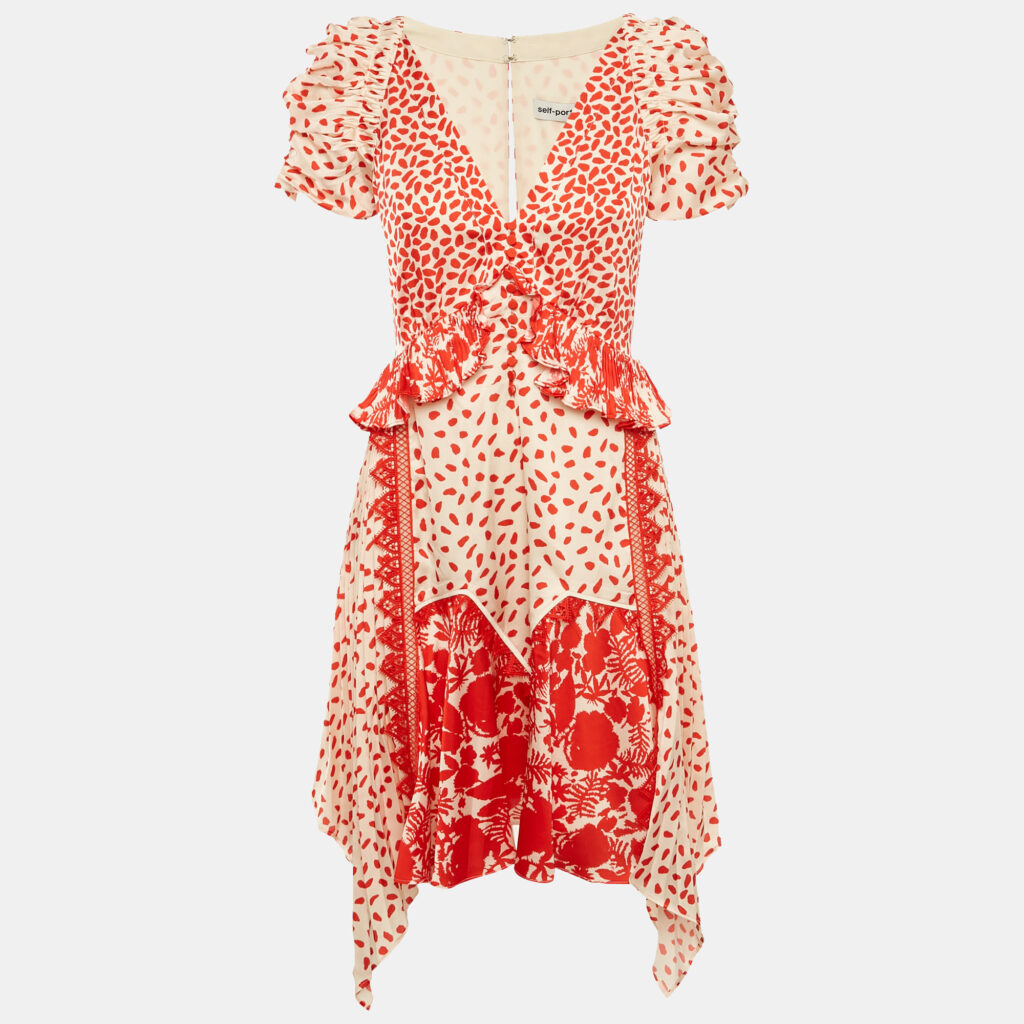 Self-Portrait Beige/Red Printed Satin Handkerchief Dress S Self-Portrait Beige/Red Printed Satin Handkerchief Dress S
