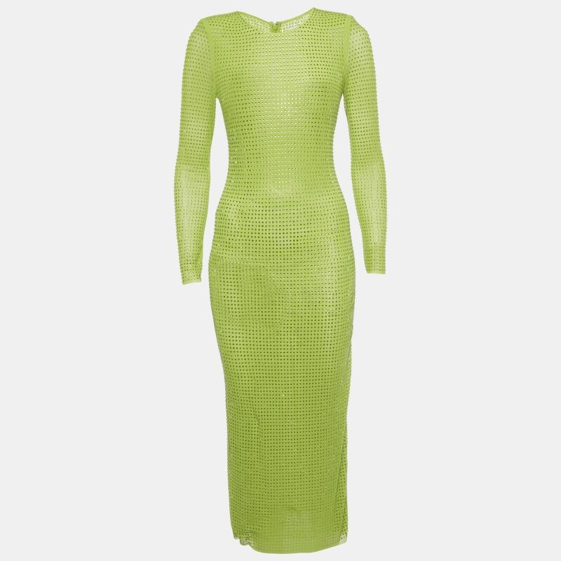 Self-Portrait Green Studded Mesh Long Sleeve Midi Dress S