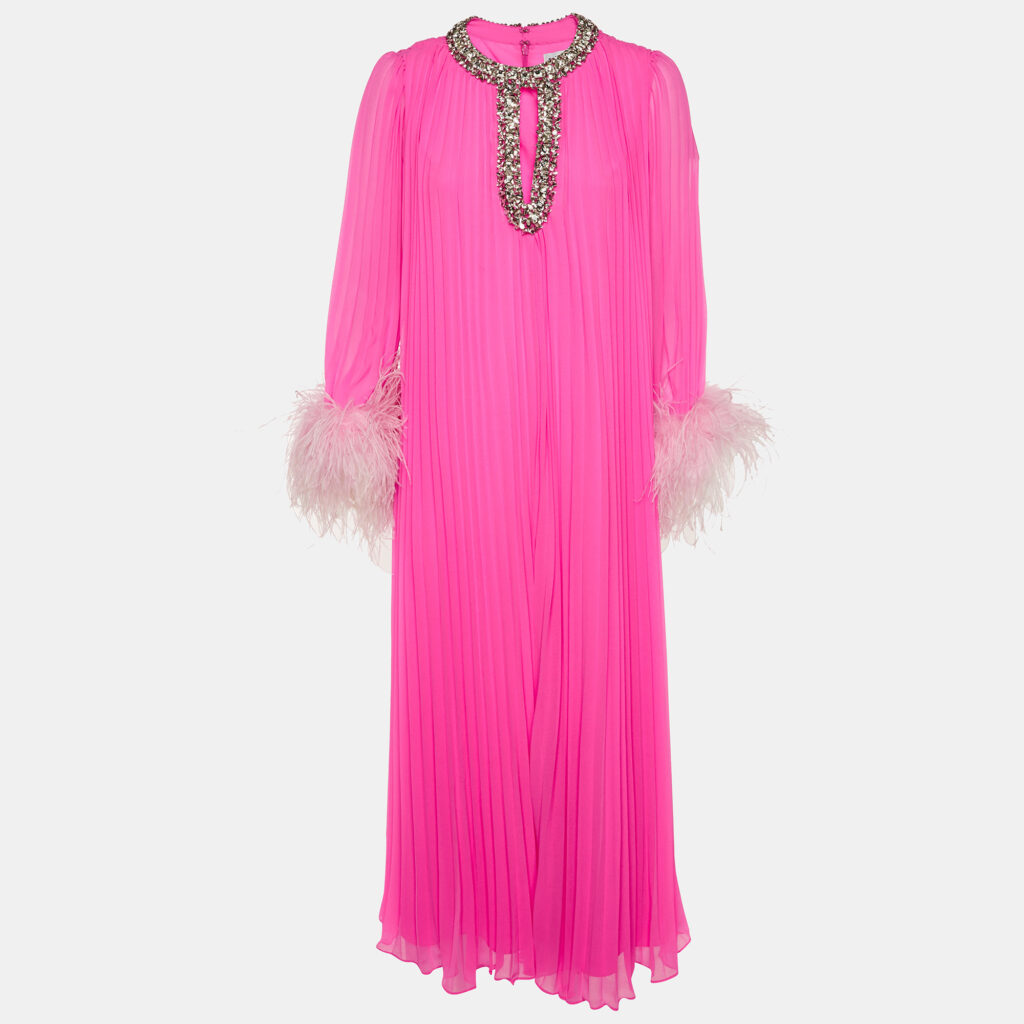 SELF-PORTRAIT Pink Plisse Embellished Feather Maxi Dress S SELF-PORTRAIT Pink Plisse Embellished Feather Maxi Dress S