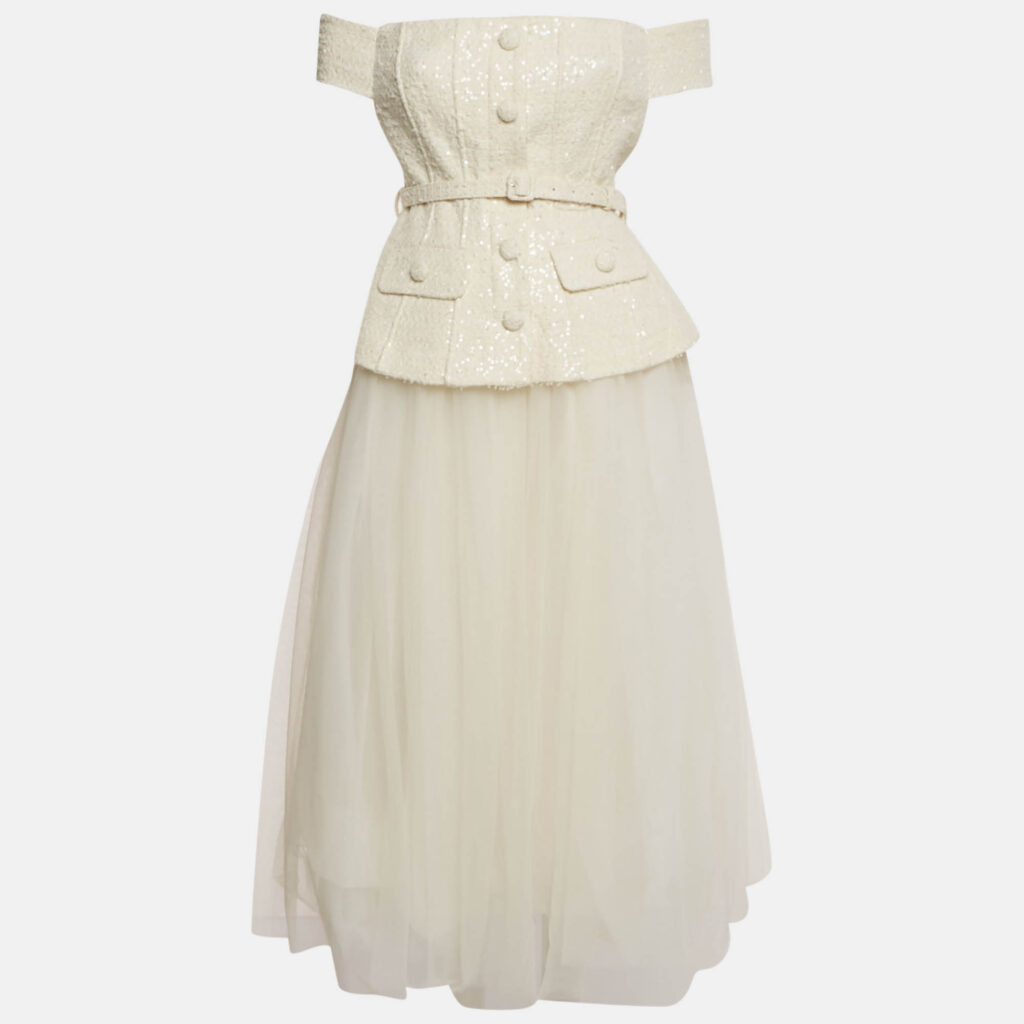Self-Portrait Cream Boucle Sequin Embellished Tulle Midi Dress M