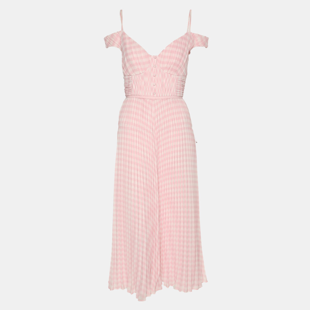Self-Portrait Pink Gingham Print Chiffon Pleated Midi Dress M Self-Portrait Pink Gingham Print Chiffon Pleated Midi Dress M
