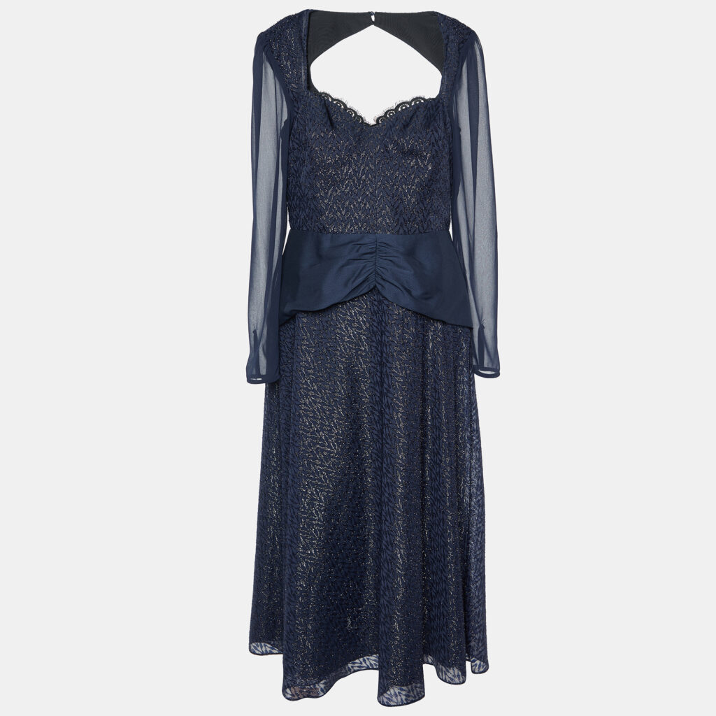Self-Portrait Navy Blue Metallic Fil Coupe Midi Dress L Self-Portrait Navy Blue Metallic Fil Coupe Midi Dress L
