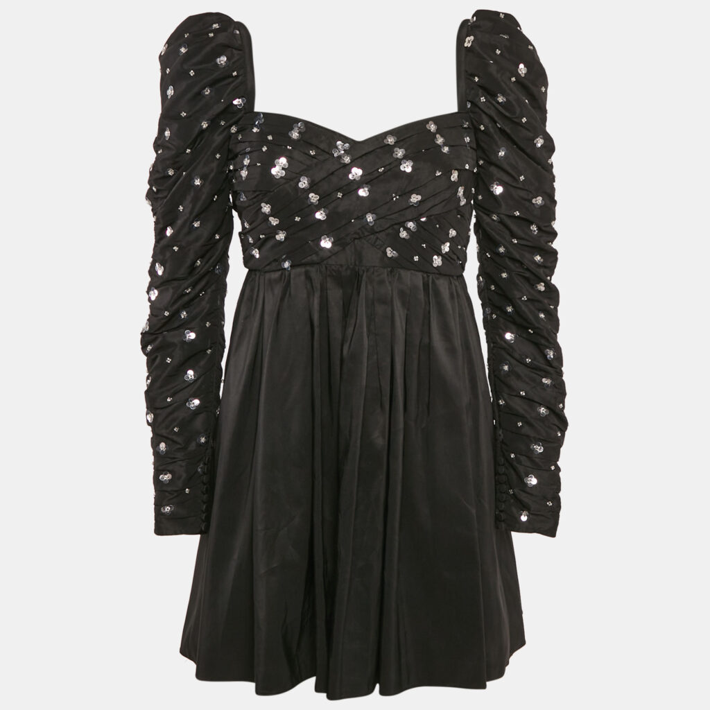 Self-Portrait Black Cluster Sequin Taffeta Pleated Mini Dress S Self-Portrait Black Cluster Sequin Taffeta Pleated Mini Dress S