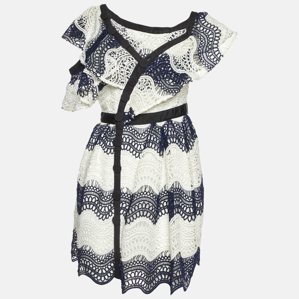 Self-Portrait Navy Blue Wavy Guipure Lace Mini Dress S Self-Portrait Navy Blue Wavy Guipure Lace Mini Dress S