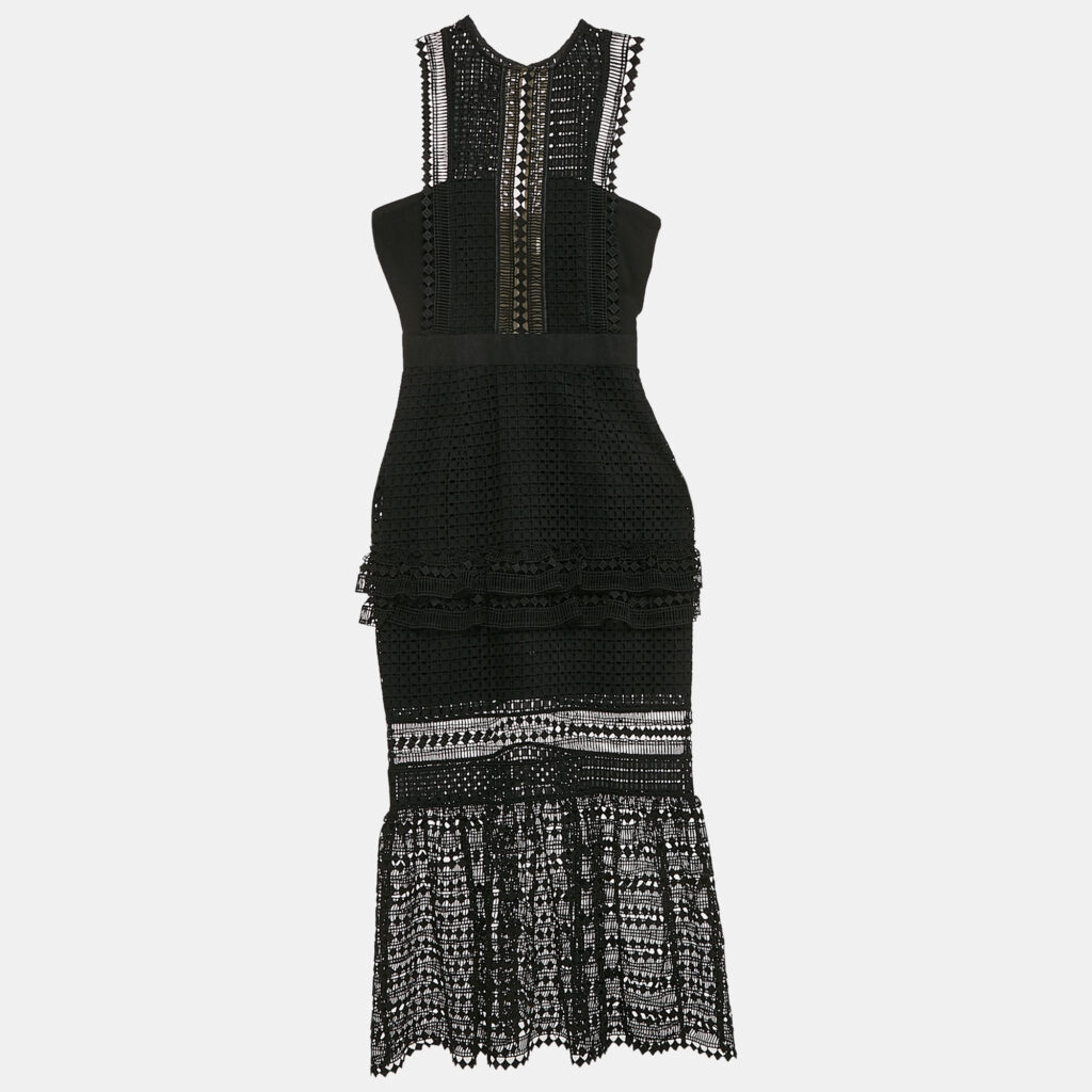 Self-Portrait Black Guipure Lace Tiered Midi Dress XS Self-Portrait Black Guipure Lace Tiered Midi Dress XS