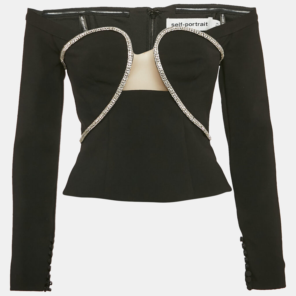 Self-Portrait Black Stud Embellished Crepe Off-Shoulder Top S Self-Portrait Black Stud Embellished Crepe Off-Shoulder Top S