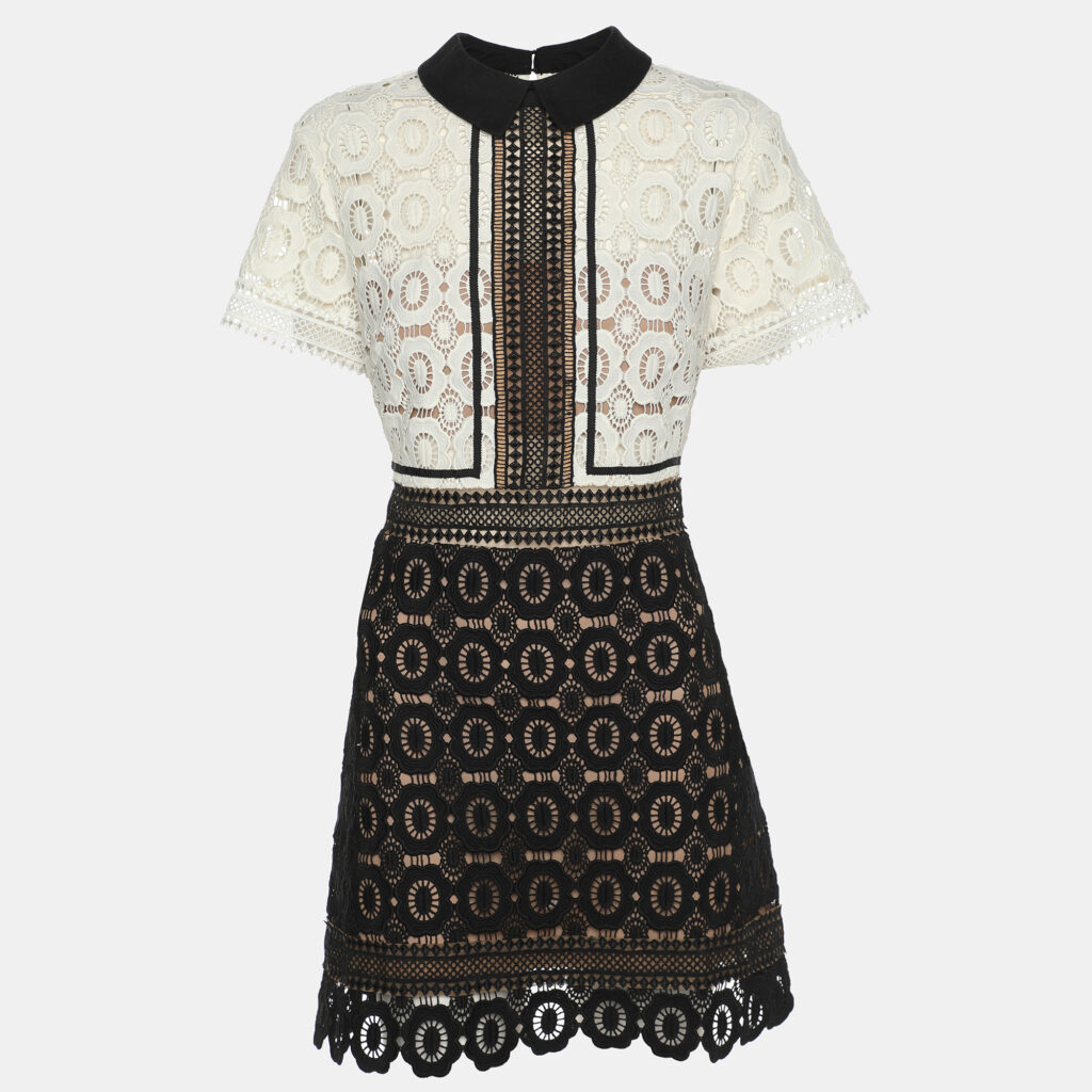 Self-Portrait White/Black Lace Felicia Collared Mini Dress M Self-Portrait White/Black Lace Felicia Collared Mini Dress M