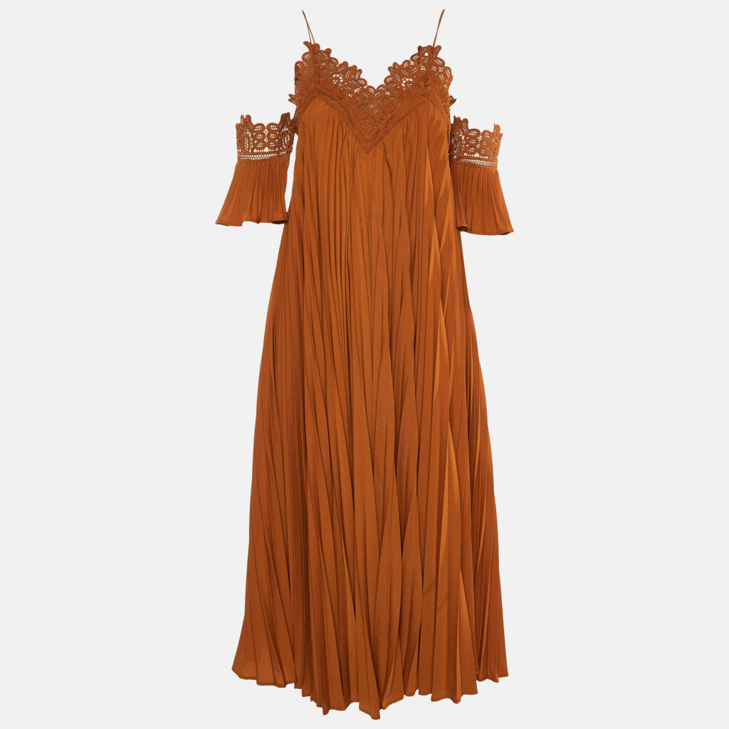 Self-Portrait Ochre Plisse Lace Trim Cold Shoulder Long Dress S Self-Portrait Ochre Plisse Lace Trim Cold Shoulder Long Dress S