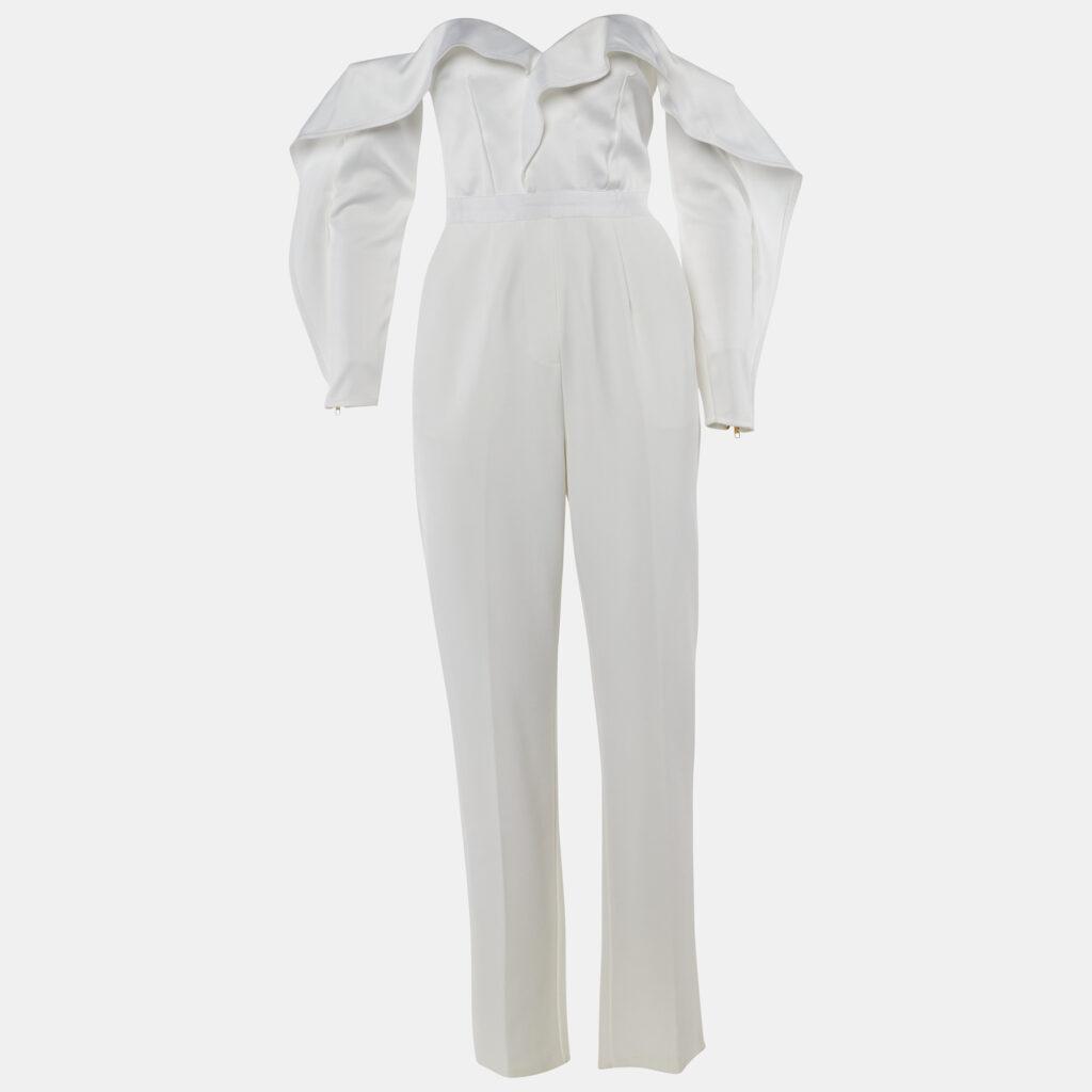 Self-Portrait White Satin & Crepe Off-The-Shoulder Jumpsuit M