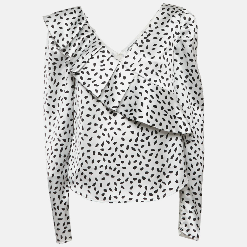 Self-Portrait Monochrome Printed Satin Ruffled Blouse M