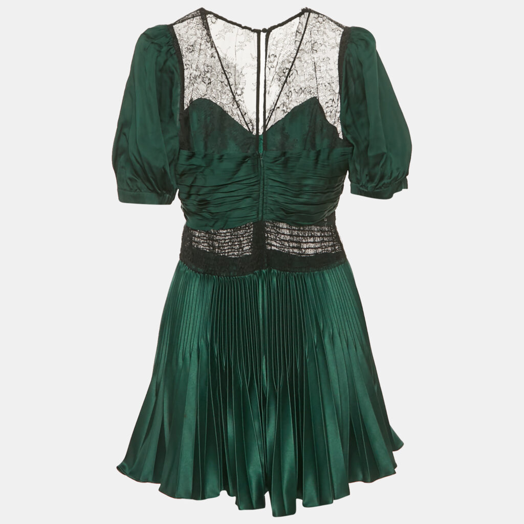 Self-Portrait Green Sateen Plisse Lace Detail Mini Dress M Self-Portrait Green Sateen Plisse Lace Detail Mini Dress M