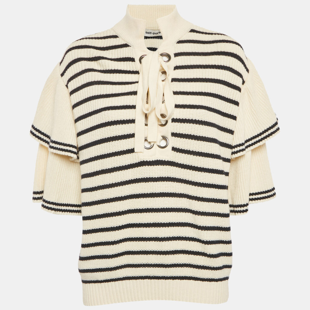 luxury-women-self-portrait-used-clothes-p1181543-001-1.jpg Self-Portrait Cream/Black Striped Rib Knit Lace-Up Neck Sweater L