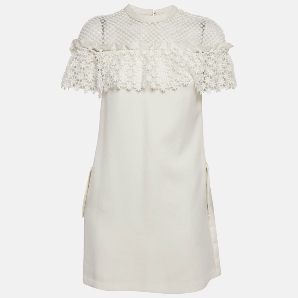 Self-Portrait White Knit Lace Trimmed Mini Shift Dress S Self-Portrait White Knit Lace Trimmed Mini Shift Dress S