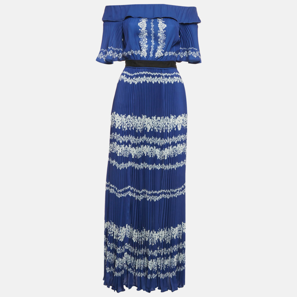 Self-Portrait Blue Floral Print Satin Plisse Off-Shoulder Maxi Dress S