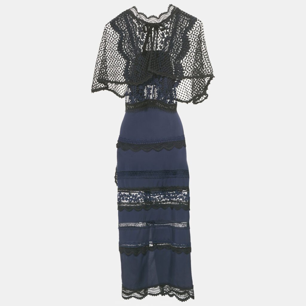 Self-Portrait Navy Blue Bellis Lace & Crepe Cape Sleeved Maxi Dress S