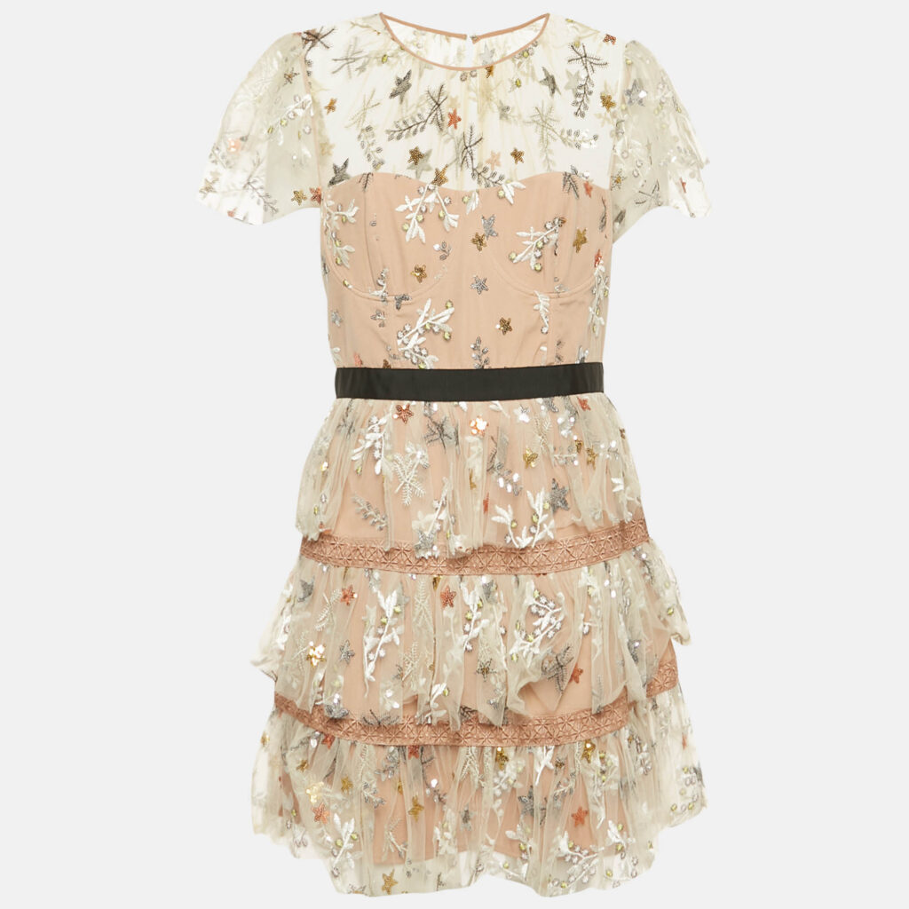 Self-Portrait Beige Star Embroidered Tulle Tiered Mini Dress L