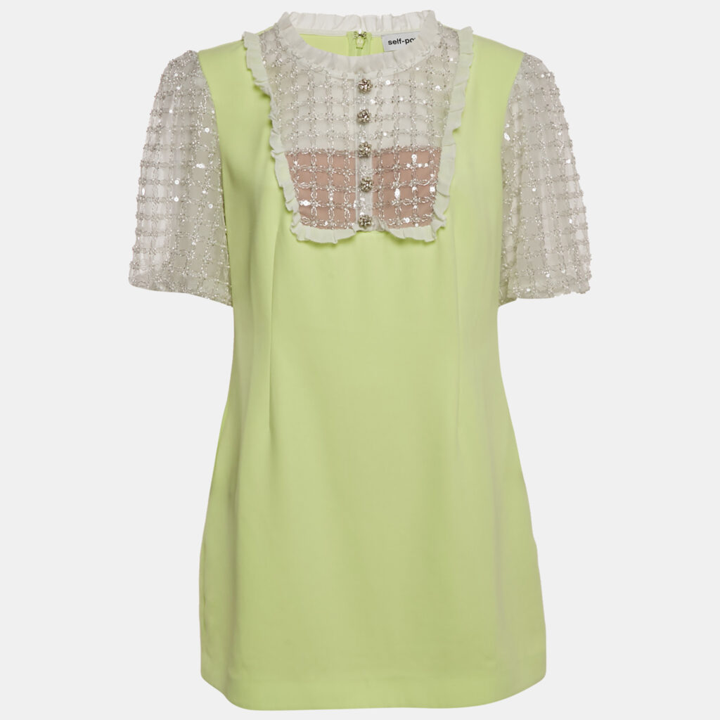Self-Portrait Lime Green Embellished Tulle Crepe Mini Dress L