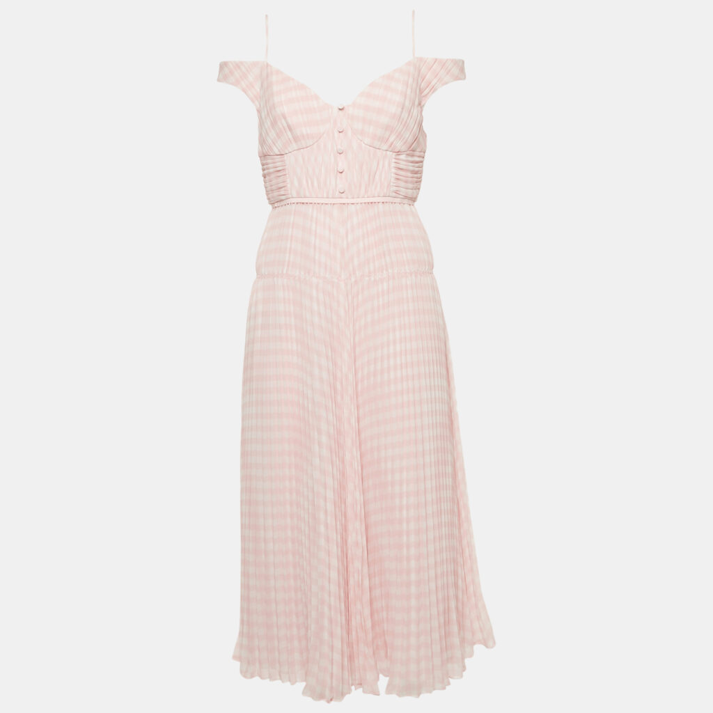 Self-Portrait Pink Gingham Print Chiffon Pleated Midi Dress M