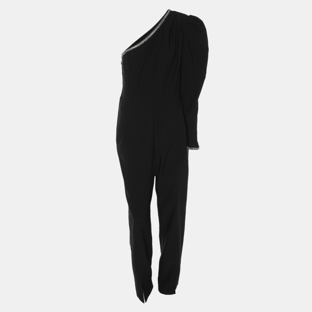 Self-Portrait Black Stretch Crepe Crystal Embellished One Shoulder Jumpsuit M Self-Portrait Black Stretch Crepe Crystal Embellished One Shoulder Jumpsuit M