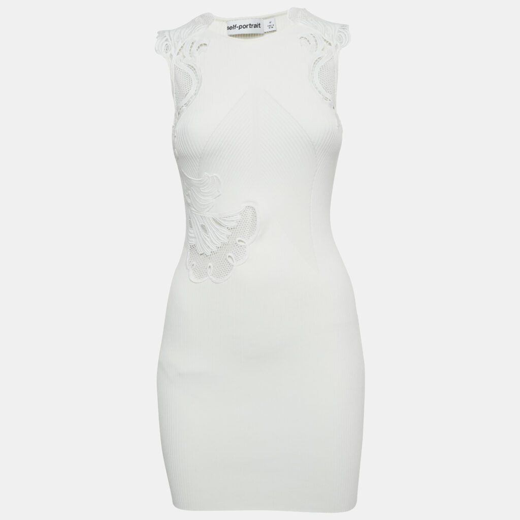 Self-Portrait White Rib Knit Inserted Lace Mini Dress M Self-Portrait White Rib Knit Inserted Lace Mini Dress M