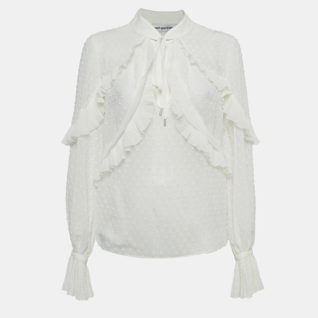 Self-Portrait White Swiss Dot Crepe Ruffled Blouse M