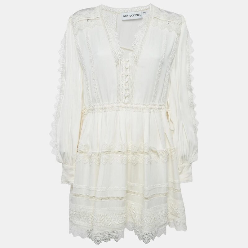 Self-Portrait Cream Crepe Lace Trimmed Mini Dress M Self-Portrait Cream Crepe Lace Trimmed Mini Dress M