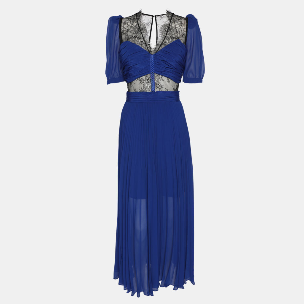 Self-Portrait Blue/Black Chiffon and Lace Paneled Sweetheart Neckline Midi Dress M